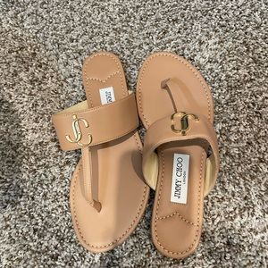 Tan beige and gold Jimmy Choo thong sandal, T strap.
